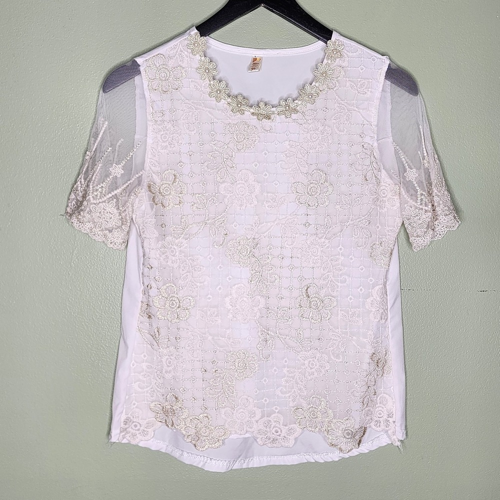 Kan Meng Ya Embroidered Top L Ivory Beige Floral Short Sleeve